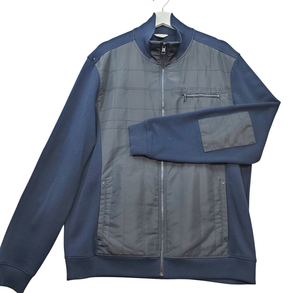 Calvin Klein Full Zip Jacket Mens L Navy Blue Mixed Media Quilted Front